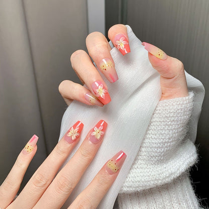 Peach Gradient Floral Trapezoid Press-On Nails