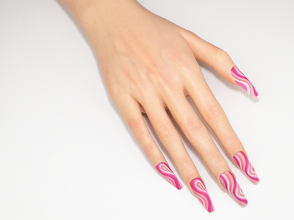 Pink Groove Press-On Nails | Modern Abstract Waves Long Ballerina