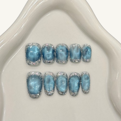 Crystal Cave Press-On Nails | Handmade Blue Cat Eye Diamond Trim