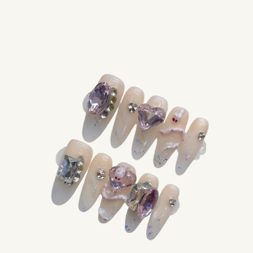 Pink Serpent Press On Nails | Handmade 3D Crystal Long Oval
