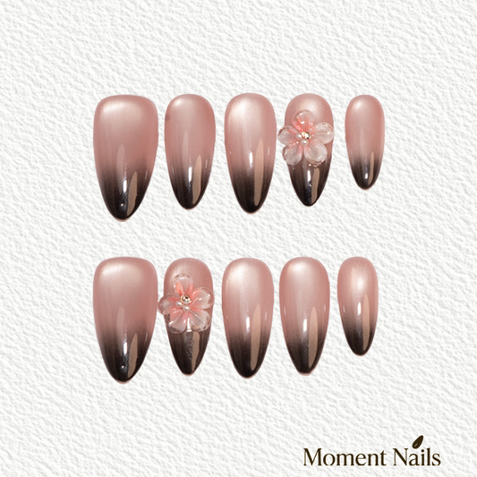 Dusk Sparkler Press-On Nails | Handmade 3D Flower Cat Eye Ombre Almond