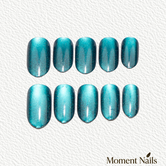 Galaxy Blue Cat Eye Press-On Nails | Teal Shimmer | Oval