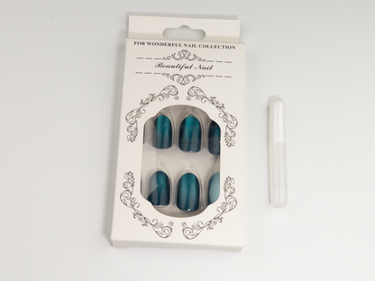 Galaxy Blue Cat Eye Press-On Nails | Teal Shimmer | Oval