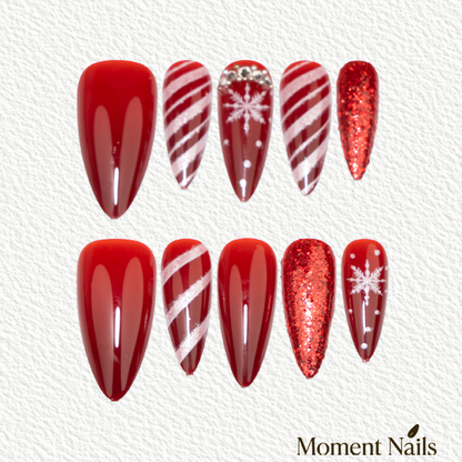 Christmas Candy Cane Press-On Nails | Red Glitter Snowflake Stiletto