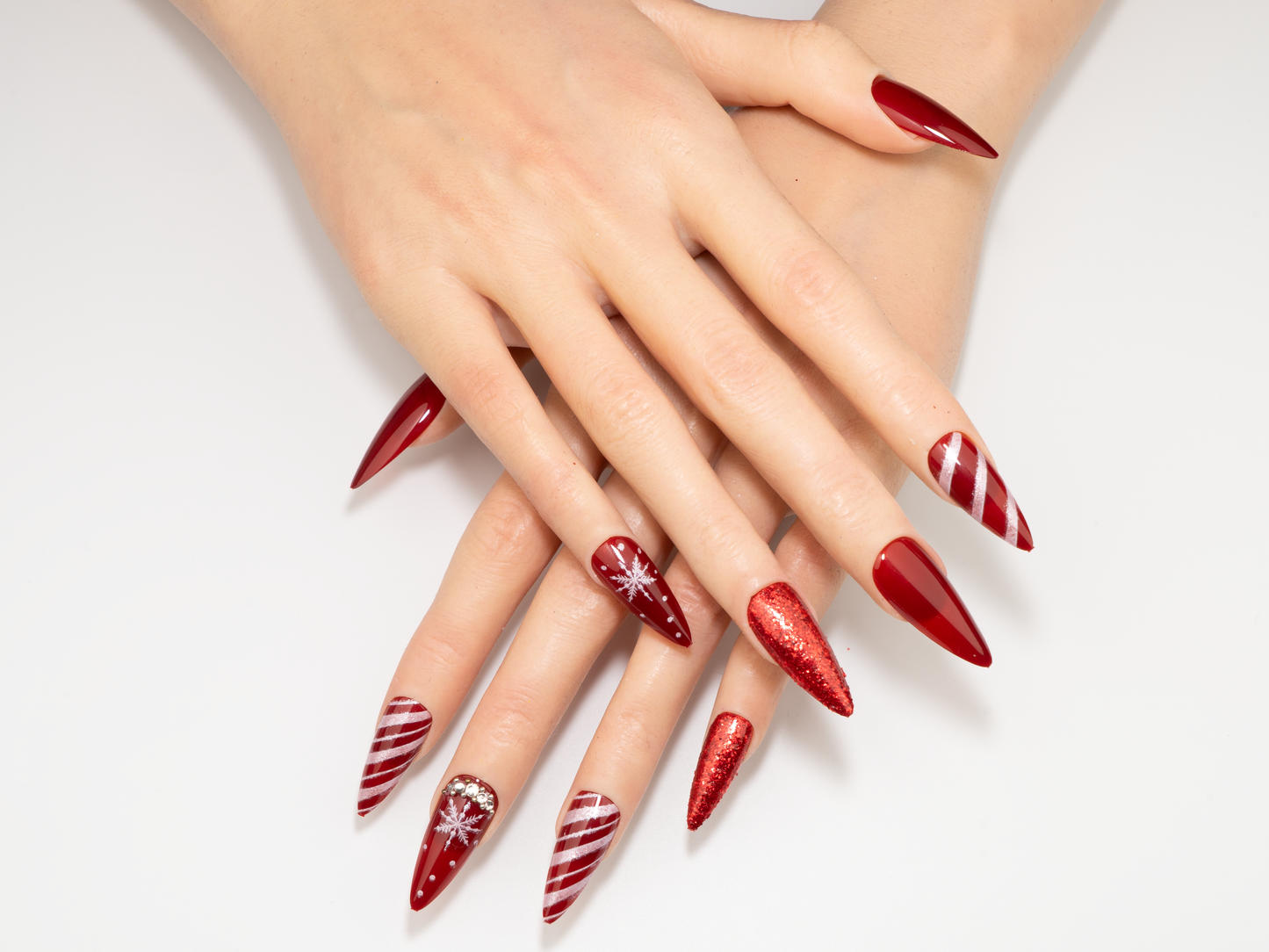 Christmas Candy Cane Press-On Nails | Red Glitter Snowflake Stiletto
