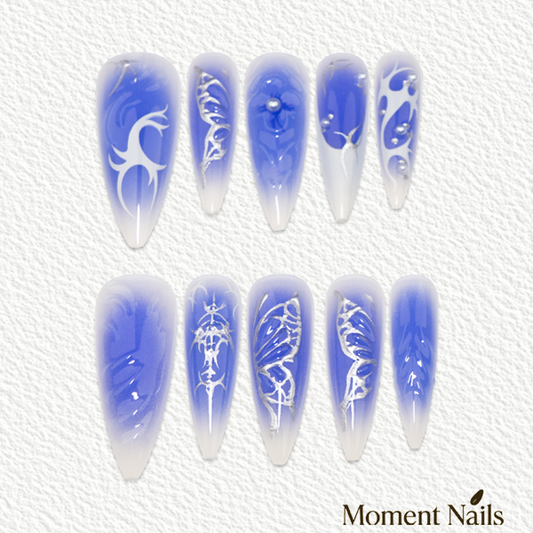 Liquid Wings Press-On Nails | 3D Chrome Blue White French Stiletto