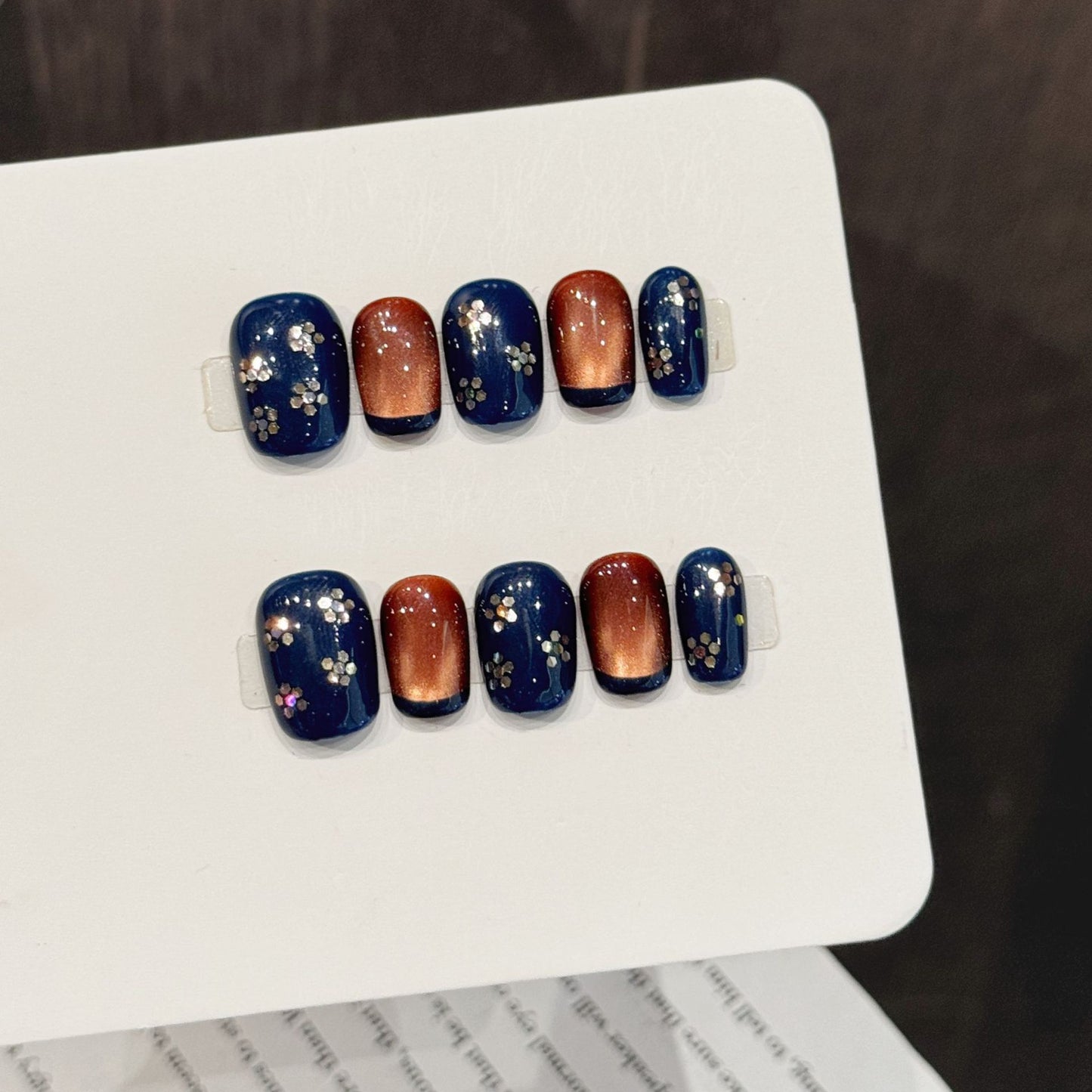 Navy Copper Glitter Short Oval Nails