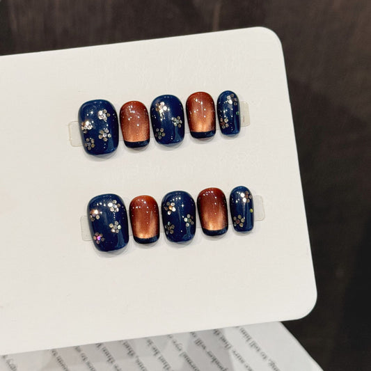 Navy Copper Glitter Short Oval Nails