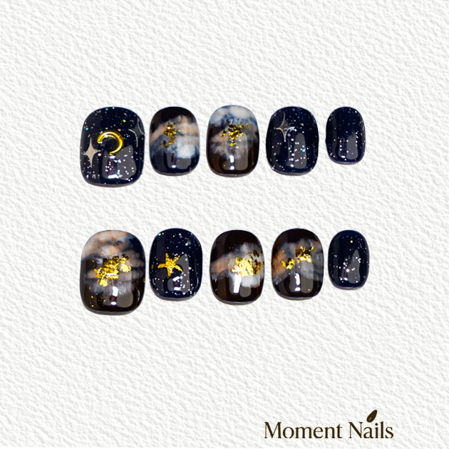Starry Night Black-Gold Short Squoval Press-On Nails