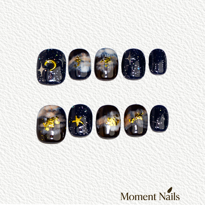 Starry Night Black-Gold Short Squoval Press-On Nails