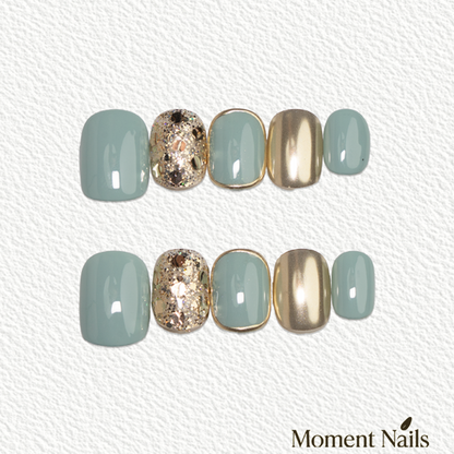 Light Green Gold Short Press-On Nails