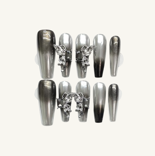 Liquid Metal Press-Ons | Black & Silver Ombre Y2K Coffin Nails