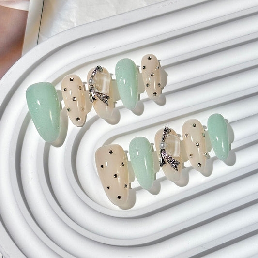 Light Green Nude Diamond Press-On Nails