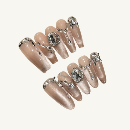Nude Cat Eye Jewelry Press-On Nails | Long Handmade Fake Nails