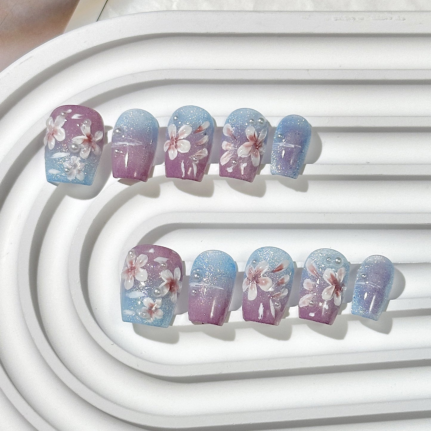 Pink-Blue Cherry Blossom  Trapezoid Press-On Nails