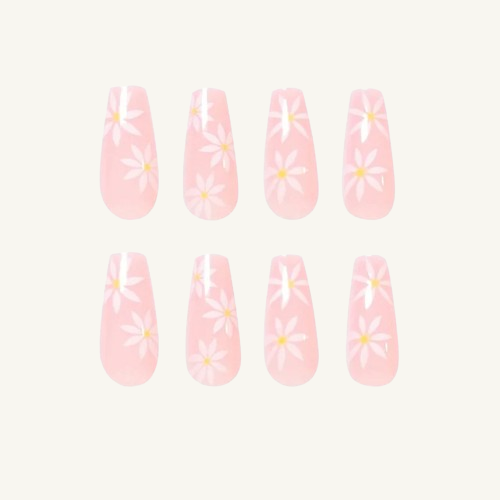 Fresh Daisy Press-On Nails | White Floral Pattern Coffin