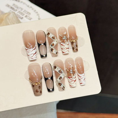Nude Brown Glitz Long Coffin Press-On Nails