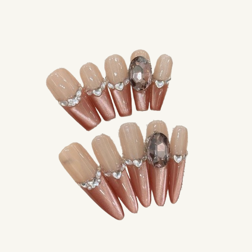 Sunset Treasure Press-On Nails | Handmade Cat Eye French Gem Pearl