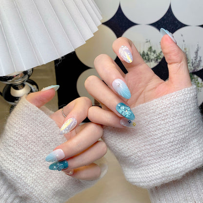 Light Blue Floral Short Almond Press-On Nails