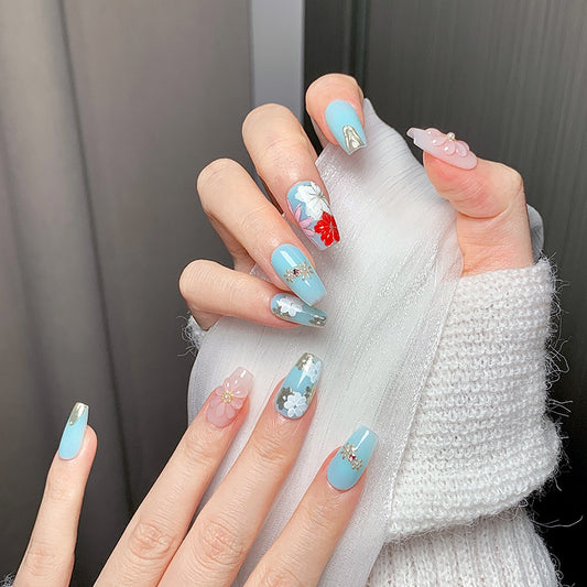 Light Blue Floral Trapezoid Press-On Nails