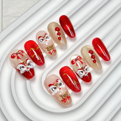 Red-Gold Lion Dance New Year Press-On Nails