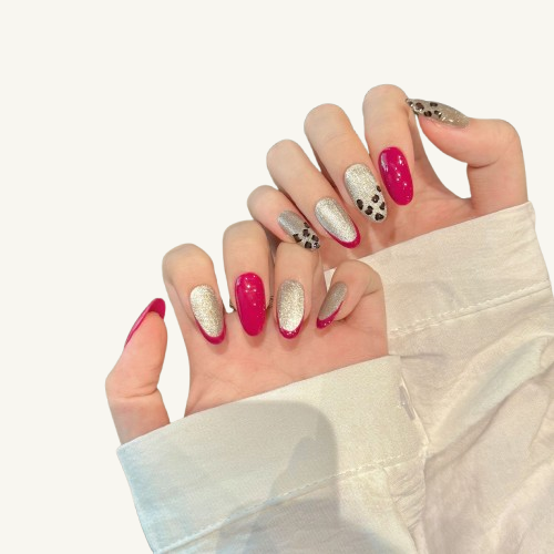Color Clash Press-On Nails | Handmade Pink Glitter Leopard Oval