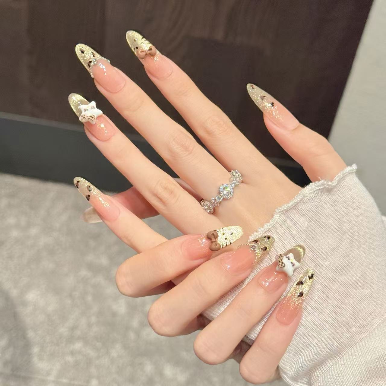 Nude Pink Leopard Sparkle Long Oval Press-On Nails