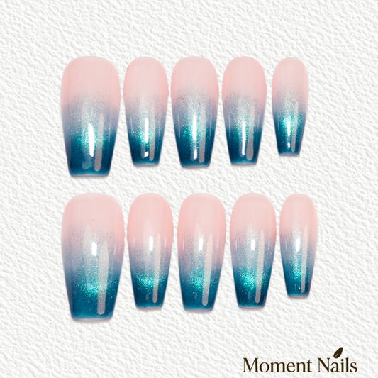 Blue Pink Ombre Press On Nails | Glitter French | Handmade