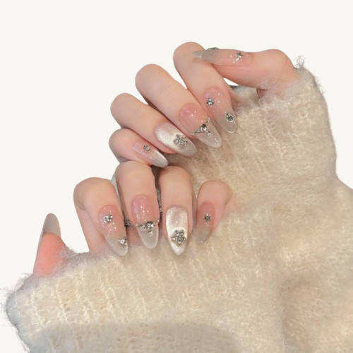 Ice Cat Eye Press-On Nails |Handmade Ice Crystal Almond Nails