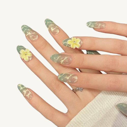 Lemon Sea Salt Press-On Nails | Handmade Yellow Green Ombre Oval