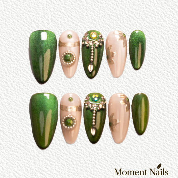 Elven Gem Press On Nails | Green Cat Eye Handmade Long Almond