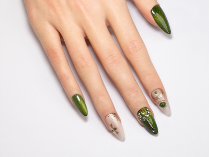 Elven Gem Press On Nails | Green Cat Eye Handmade Long Almond