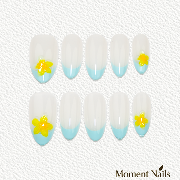 Sky Blue French Press-On Nails | 3D Floral Charm Medium Almond