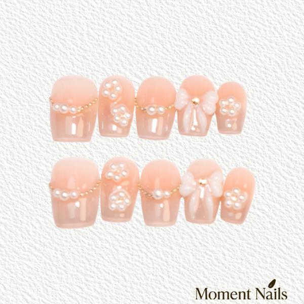 Pink Nude Pearl Bow Short Press-On Nails