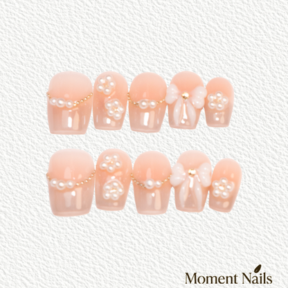 Pink Nude Pearl Bow Short Press-On Nails