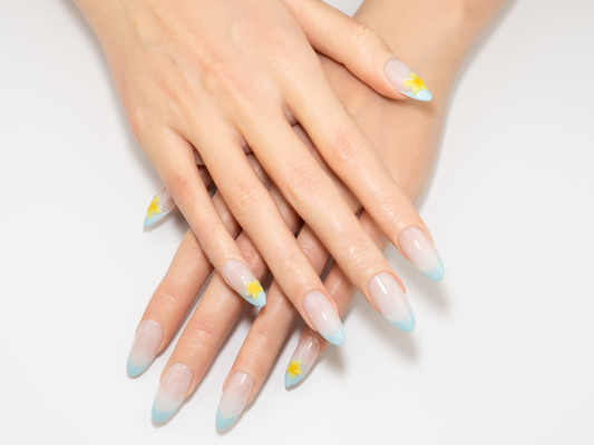 Sky Blue French Press-On Nails | 3D Floral Charm Medium Almond