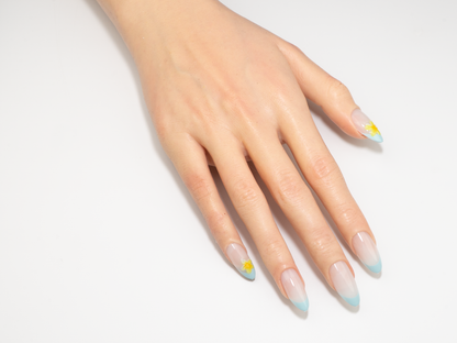 Sky Blue French Press-On Nails | 3D Floral Charm Medium Almond