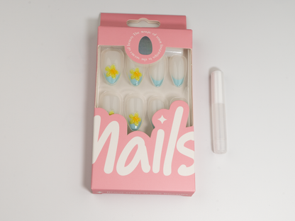 Sky Blue French Press-On Nails | 3D Floral Charm Medium Almond