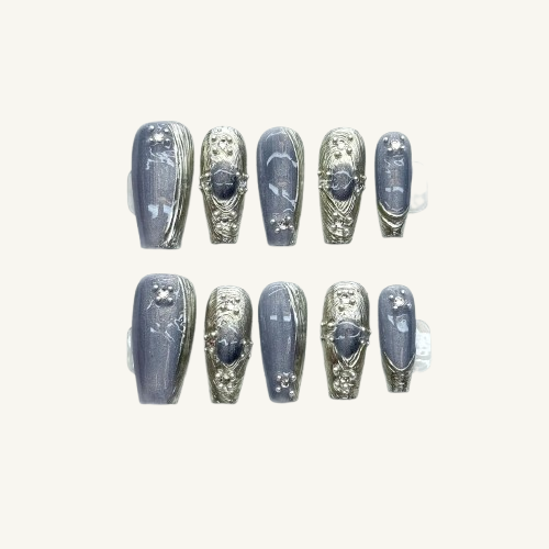 Deep Sea Cat Eye Press On Nails | Metal Relief Handmade Long Coffin