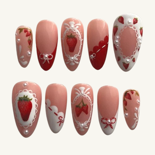 Strawberry Pearl Press-On Nails | Bow & Lace Medium Almond