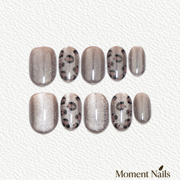 Mocha Leopard Press-On Nails | Silver Glitter Mix | Short Oval