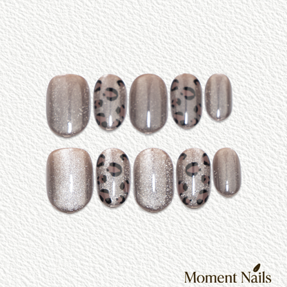 Mocha Leopard Press-On Nails | Silver Glitter Mix | Short Oval
