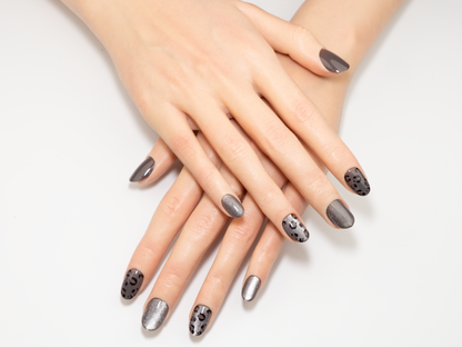 Mocha Leopard Press-On Nails | Silver Glitter Mix | Short Oval