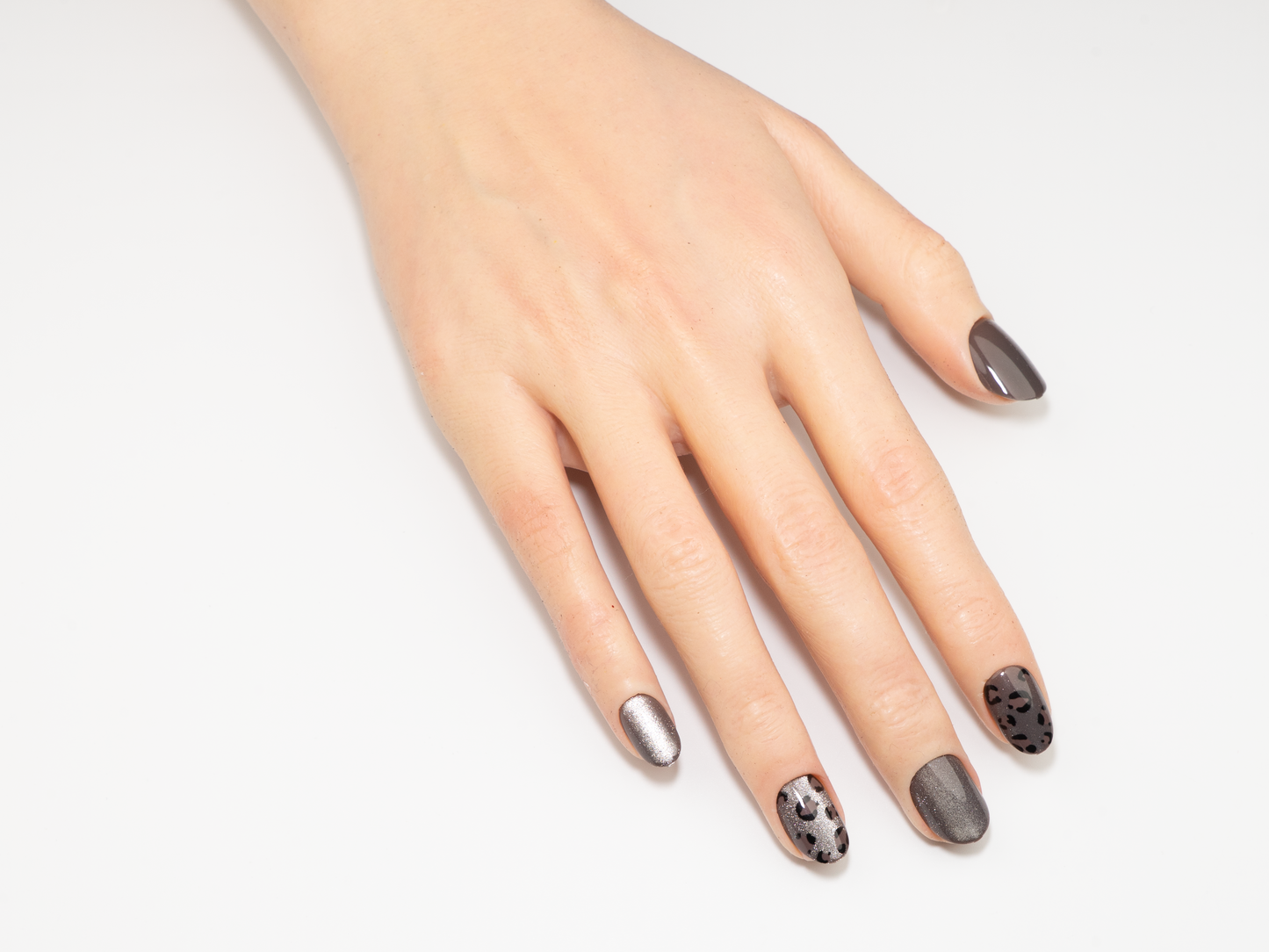Mocha Leopard Press-On Nails | Silver Glitter Mix | Short Oval