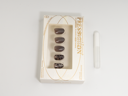 Mocha Leopard Press-On Nails | Silver Glitter Mix | Short Oval