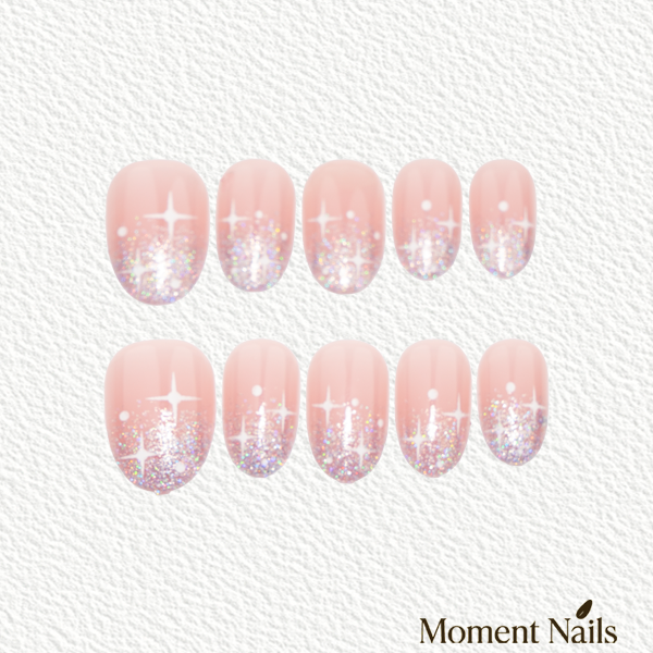 Starry Sky Glitter Ombré Press-On Nails | Silver Starburst Short Oval