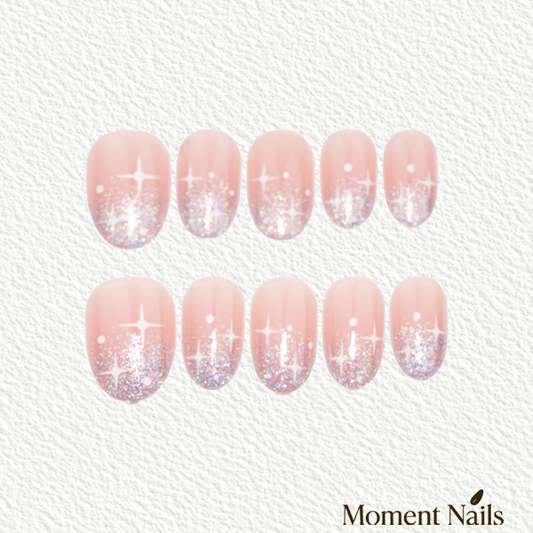 Starry Sky Glitter Ombré Press-On Nails | Silver Starburst Short Oval