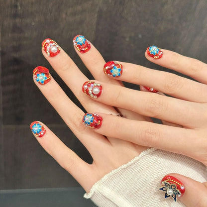 Red Floral Pearl Short Oval Press-On Nails