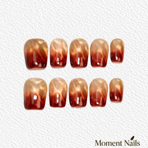 Amber Heart Press-On Nails | Handmade Orange Gold Cat Eye