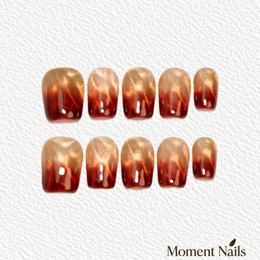 Amber Heart Press-On Nails | Handmade Orange Gold Cat Eye
